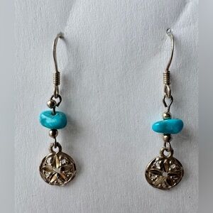 Sterling Silver 925 Turquoise Sand Dollar Dangle Earrings